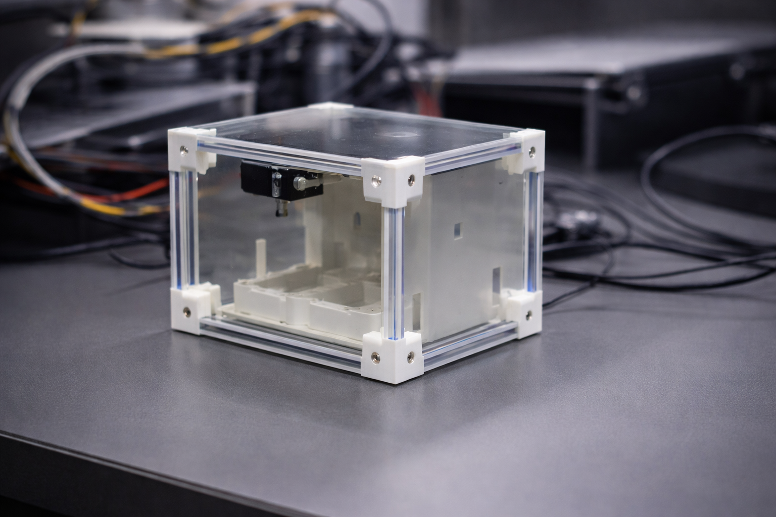 Acrylic enclosure with 3D-printed corner structures