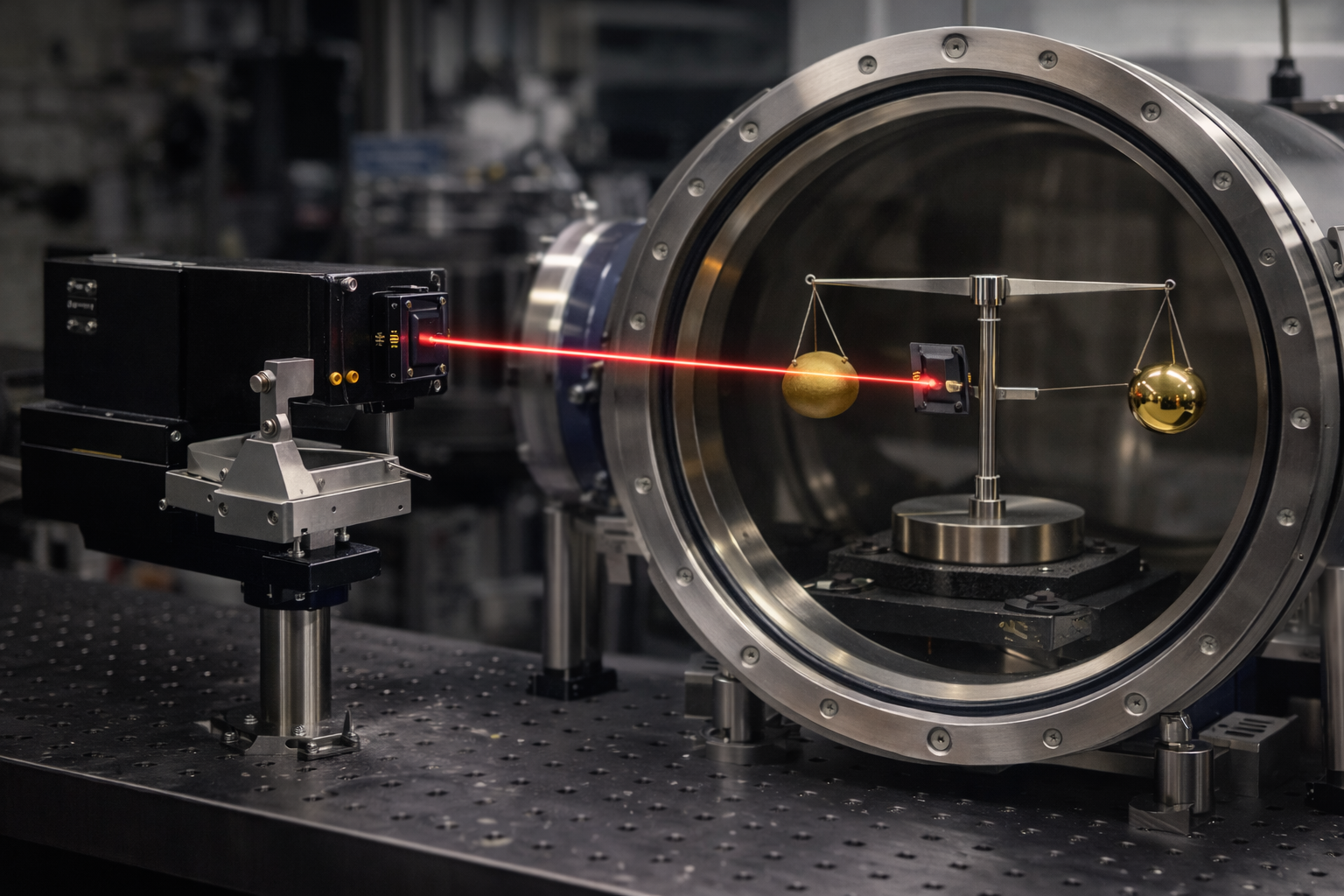 Torsion balance experiment inside a vacuum chamber with laser optics